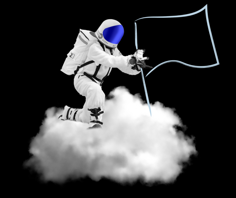 astronaut with a white flag on a floating cloud